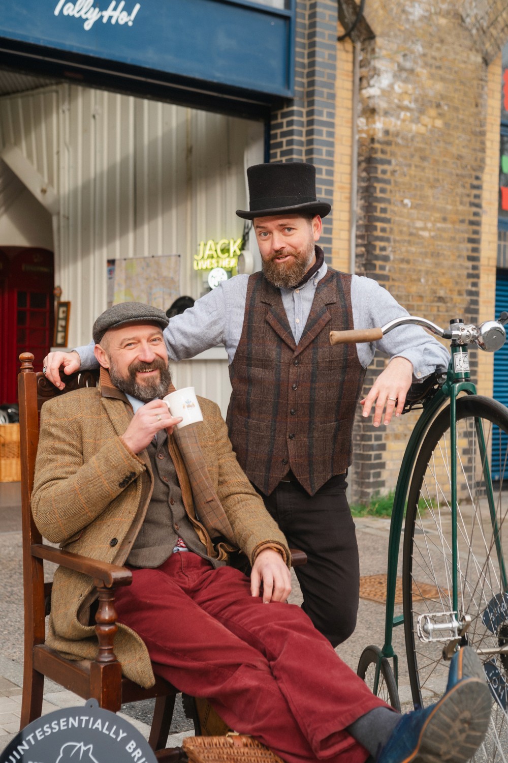 Jack and James posing outside of Tally Ho bike tour meeting point in London 