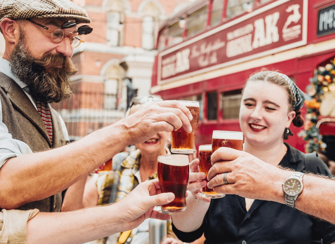 Enjoying beers on the secret London pub tour 