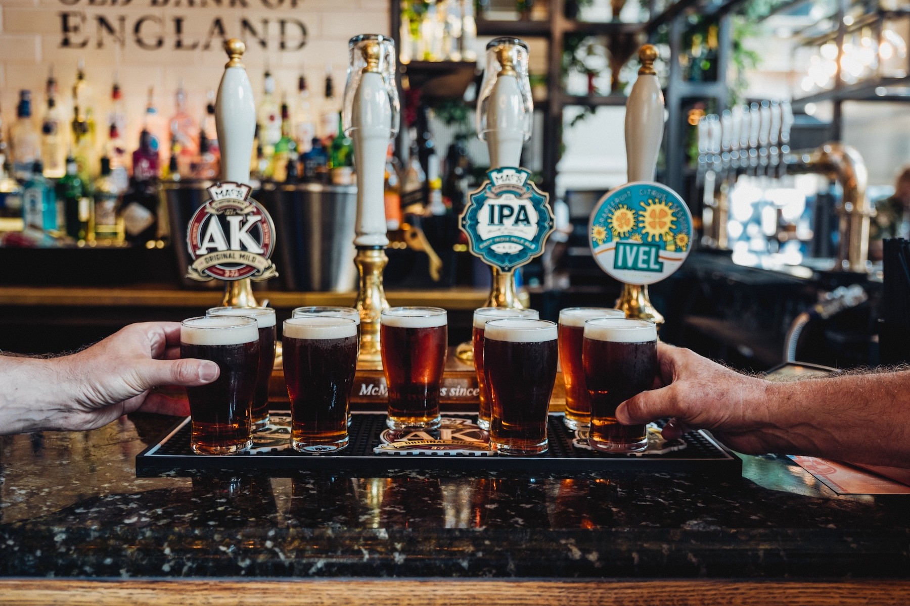 Beers ready for sampling on the Secret London pub tour 