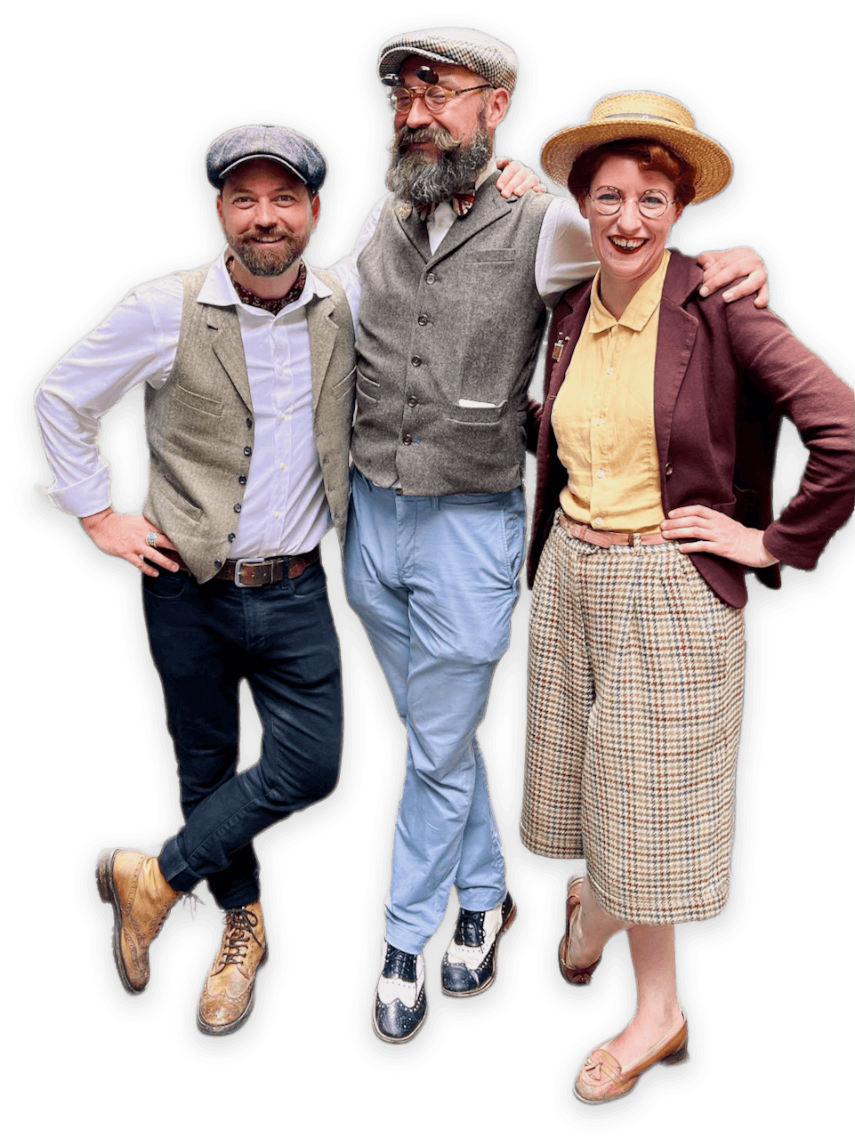 Three team members in vintage cycling attire beside classic bikes in London.
